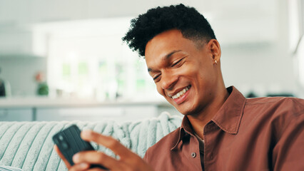 Poster - Online dating, funny and man with phone in home for social media application, subscription or search. Sign up, meme or happy person laughing with mobile message on sofa for post, chat or news website