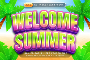 Poster - welcome summer 3d text effect and editable text effect with a beach background