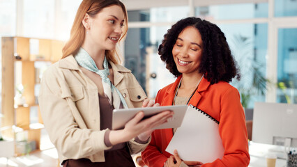 Poster - Business people, tablet and women in office, planning and internet with ad agency. Happy employees, conversation and sales consultant with tech, brainstorming and email with positive review and app