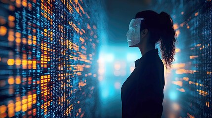Poster - Woman with AI Face in Digital Cyberpunk World: Exploring the Future of Technology and Identity