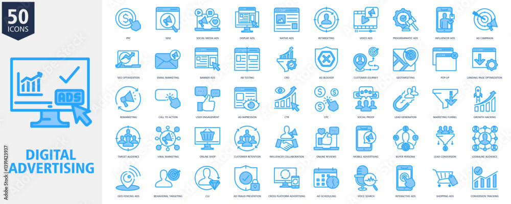 Digital Advertising Icon Set Outline blue Style with PPC, SEM, Social ...