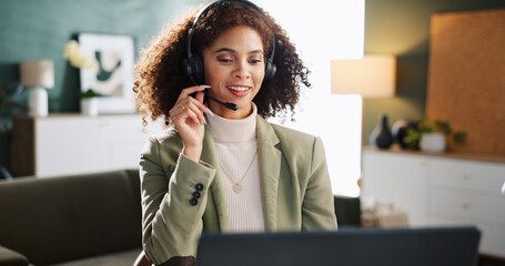 Poster - Woman, smile and headset with laptop at house of customer service, contact us and consultant advice. Person, mic and remote work for feedback of property insurance, online solution and helping client