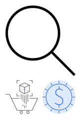 Poster - large magnifying glass, shopping cart with cubic product, and money symbol represent online shopping