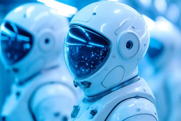 Wall Mural - Futuristic astronauts in white suits exploring high-tech environment  