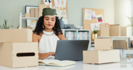 Poster - Laptop, typing and shipping with woman and small business for delivery schedule, ecommerce and inventory. Logistics, distribution and cargo with person in office supply warehouse for stock and online