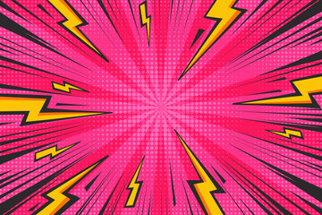 Poster - cartoon comic background with lightnings and halftone effect. pop art graphic with radial thunders. 