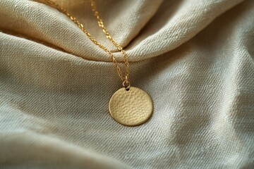Poster - A close-up shot of a golden necklace with a round pendant resting on a soft, textured fabric.