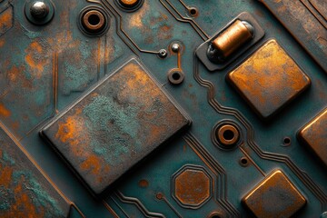 Poster - A highly detailed close-up of a weathered and oxidized circuit board with bronze and teal hues and intricate electronic components.