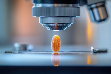 Aufkleber - Microscope focused on a tiny orange oval sample with detailed bubbles, reflecting on the platform below.