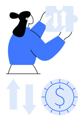 Poster - woman holds puzzle piece with arrows nearby are up and down arrows and dollar coin circle. ideal for
