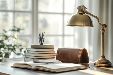 Poster - Cozy workspace setup with books, open notebook, pencil case and vintage lamp, creating a warm, focused atmosphere.
