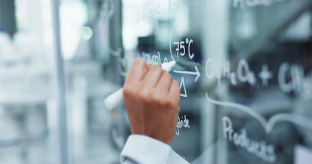 Poster - Scientist, hands and writing with glass board for equation, medical research or temperature at lab. Closeup, person or brainstorming with analysis for chemical formulation or molecule development