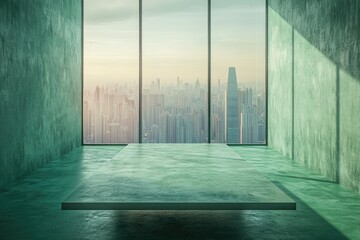 Aufkleber - Modern office interior with green concrete walls and a stunning panoramic view of the city skyline through large windows.