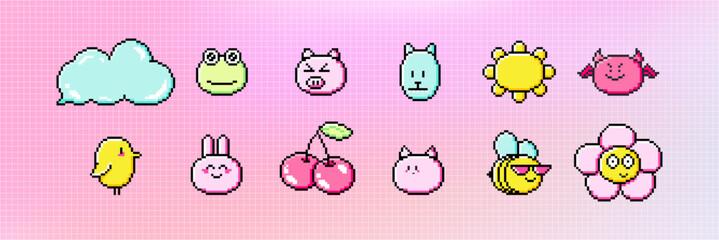 Fototapete - Pixel art cute icon asset pack. Retro aesthetics game style vector illustration. Y2k 8-bit pixelated element set.