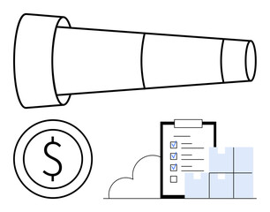 Poster - telescope symbolizes strategic planning, dollar icon for wealth, checklist for task organization, an