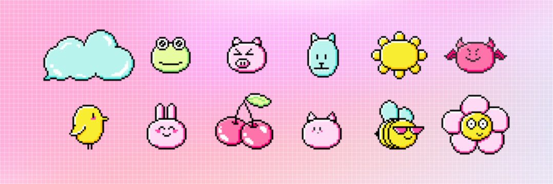Pixel art cute icon asset pack. Retro aesthetics game style vector illustration. Y2k 8-bit pixelated element set.