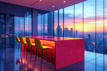 Poster - Modern interior featuring a red countertop and yellow chairs, with a breathtaking city view at sunset.