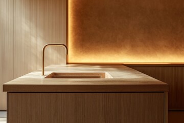 Poster - Minimalist kitchen featuring warm wood tones, clean lines, a modern faucet, and soft, diffused lighting for a tranquil ambiance.