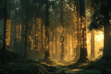 Poster - Golden light filters through a forest where trees appear to have geometric patterns or embedded lights, creating a surreal, digital forest landscape.