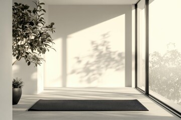 Fototapete - Minimalist studio setup with a black yoga mat near a big window and plant casting shadows.