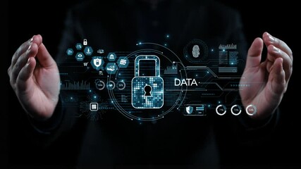Aufkleber - a visual representation of data protection featuring hands positioning a digital lock symbol, emphas