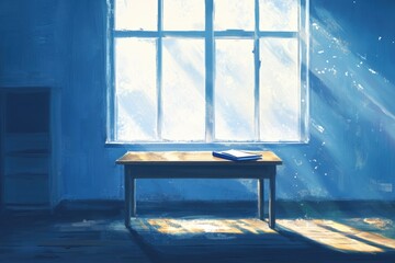 Poster - Sunlight streams through a large window onto a table with a book in an empty, blue-toned room.
