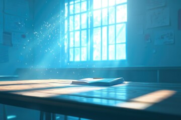 Aufkleber - Sunlight illuminates an open book on a desk in a classroom, evoking a sense of learning.