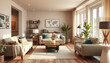 © Sjors - Bright and cozy living room interior with natural light, modern furniture, houseplants, and warm wooden accents.