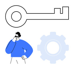 Poster - key, gear, and thoughtful person in a flat, simple style. ideal for strategy, innovation, solutions,