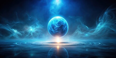 Wall Mural - ethereal celestial orb hovers above a calm, reflective plane in a dreamlike, blue cosmos