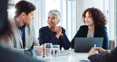 Fototapete - Team, planning and meeting with business people in office for growth strategy, proposal pitch and laptop. Sales projection, consultant and budget workshop with employees for brainstorming and profit