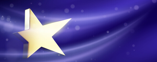 Poster - golden 3d star shape on shiny blue silk fabric background. bright metallic award symbol, luxury cele