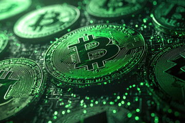 Poster - Close-up of glowing green Bitcoin cryptocurrency coins on a circuit board background.