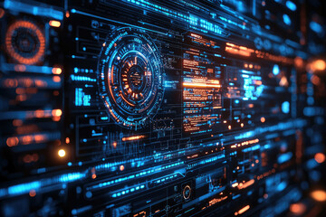 Poster - Abstract futuristic digital interface with glowing blue and orange elements, representing data streams and technological advancement.