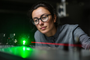Aufkleber - focused female scientist conducts laser experiments in lab, showcasing precision and innovation