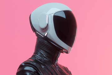 Aufkleber - futuristic figure in sleek helmet and black suit stands against pink background