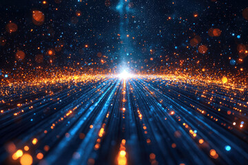 Poster - Converging blue and orange light streaks create a mesmerizing cosmic scene, resembling data streams or a futuristic highway.