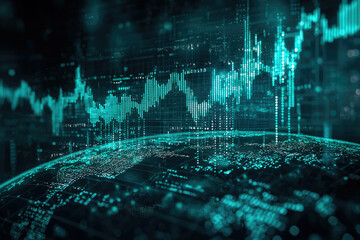 Poster - Global financial data visualized as a dynamic, teal-colored graph on a world map, representing market trends and interconnectedness.