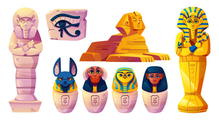 Poster - ancient egyptian statues set - pharaoh sarcophagi and figurine, sphinx, vases with animal heads, eye