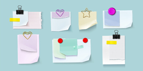 Poster - paper note sticker collection - colorful sticky sheets with push pins, binder clips, gold outline he