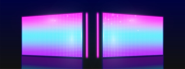 Poster - LED screen panels set glowing on dark background - large stadium or stage displays shining with bright blue purple light. Blank digital billboards or empty advertising lightboxes. Vector design mockup