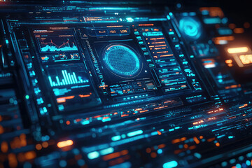 Poster - Futuristic digital interface displays data visualizations, graphs, and system status information.