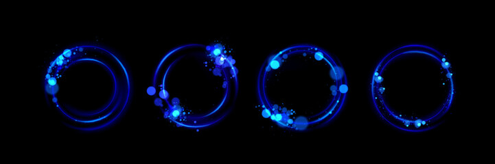 Poster - glowing blue circles set - round neon frames, rings with sparkle and light dots decor. shiny futuris