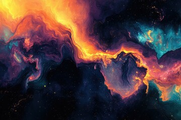 Poster - A mesmerizing abstract nebula with vibrant orange, purple, and blue hues swirling together in a cosmic dance, interspersed with stardust.