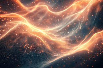 Poster - Abstract digital art depicting flowing, glowing orange waves with sparkling particles in a dark background.