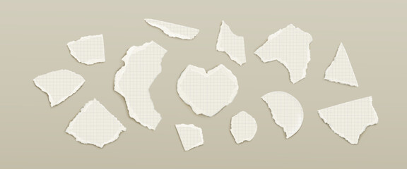 Poster - Ripped paper fragments set - torn white notebook sheet scraps, ragged textured shreds with checkered grid pattern. Realistic damaged page pieces elements for collage, scrapbooking designs frames.