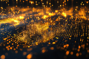Poster - Abstract digital art depicting a shimmering, golden, particle wave on a dark background.