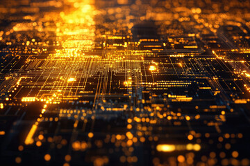 Poster - Abstract representation of a complex digital circuit board, glowing with golden light, signifying technological advancement and connectivity.