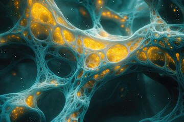 Poster - Abstract neural network with glowing golden nodes and teal connections, resembling a complex biological structure in a dark, cosmic environment.