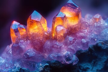 Poster - A macro shot showcases a cluster of translucent, glowing crystals, tinged with hues of orange, purple, and blue, resting upon a textured base.